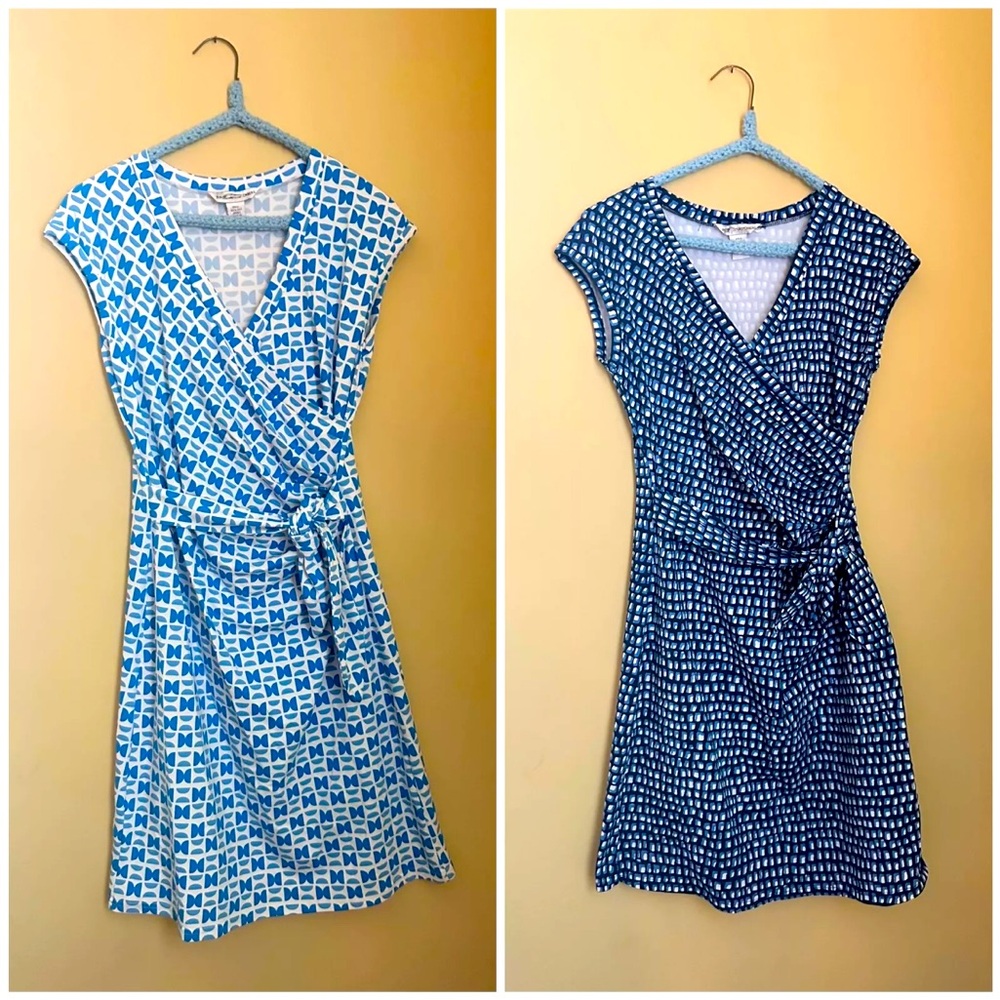 LOT 2 DVF Diane Von Furstenberg Silk Jersey Faux Wrap Blue Dresses 4 XS